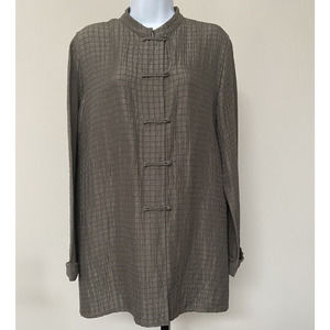 Eileen Fisher Small Tunic Gray Textured Silk Linen Blouse Mandarin Knot Button